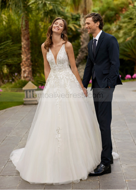 Beaded Plunging Neck Ivory Lace Tulle Exclusive Wedding Dress